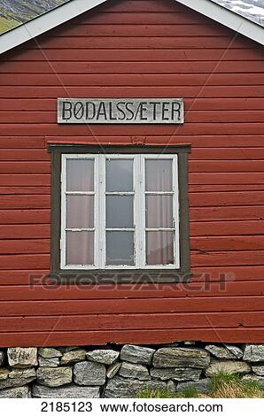 Stock Image - Red Hut. Bodalssaeter. Norway. Fotosearch