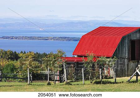 Stock Image - Red Roof Barn And St. Lawrence River, Bas-Saint-Laurent Region, Trois-Pistoles, Quebec. Fotosearch