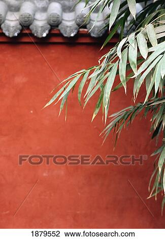 Stock Image - Red Wall And Bamboo, Close Up. Fotosearch