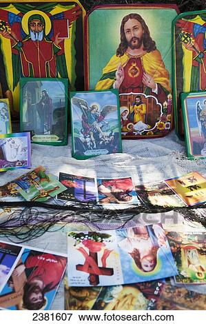 Stock Photo - Religious cards for sale depicting assorted saints; Ethiopia. Fotosearch