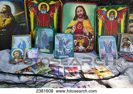Stock Photo - Religious cards for sale depicting assorted saints; Ethiopia. Fotosearch