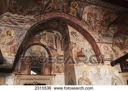 Religious fresco on walls and ceiling of Monastery of Saint John Theologian; Mykonos, Patmos Island, Greece View Large Photo Image Stock Photograph - Religious fresco on walls and ceiling of Monastery of Saint John Theologian; Mykonos, Patmos Island, Greece. Fotosearch
