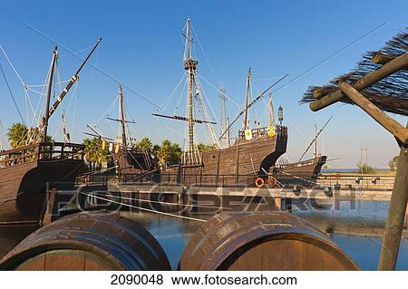 Stock Photo - Replicas Of The Ships Columbus Sailed To The Americas In The Wharf Of The Caravels; Palos De La Frontera, Huelva Province, Andalusia, Spain. Fotosearch