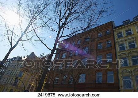 Residential buildings under a blue sky with sunlight streaming over leafless trees; Hamburg, Germany View Large Photo Image Stock Photo - Residential buildings under a blue sky with sunlight streaming over leafless trees; Hamburg, Germany. Fotosearch