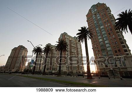 Stock Photo - Residential high-rises by Playa El Sol at dusk, Vina del Mar, Valparaiso Region, Chile. Fotosearch