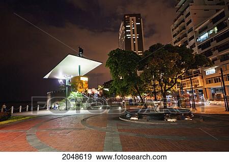 Stock Photo - Restaurant On The Malecon 2000 At Night, Guayaquil, Guayas, Ecuador. Fotosearch