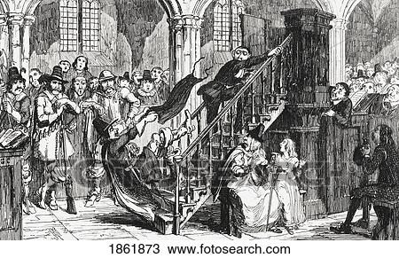 Stock Image - Reverend Holdenough During A Service Engraving By George Cruikshank Dated 1845 Of A Scene From Sir Walter Scott's Novel Woodstock. Fotosearch