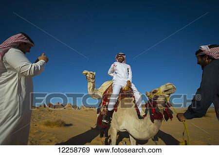 Stock Photo - Riding camels; Madain Saleh, Saudi Arabia. Fotosearch