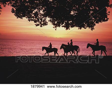 Stock Image - Riding Horses On The Beach At Sunset. Fotosearch