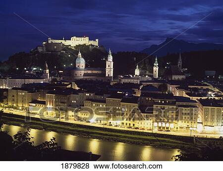 Stock Photo - River Saltzach And Castle At Dusk. Fotosearch