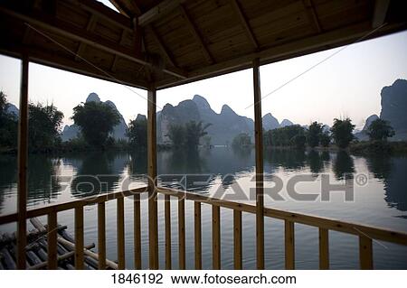 Stock Image - River Seen From Traditional Chinese Boat; Yulong River, Yangshuo, China. Fotosearch