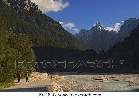 Stock Photo - Riverbed Of Velika Pisnica With Mountains In Triglav National Park, Kranjska Gora, Slovenia. Fotosearch