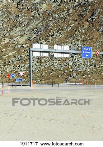 Stock Photo - Road Sign For Zurich And Luzern, Gothtard Pass, Switzerland. Fotosearch