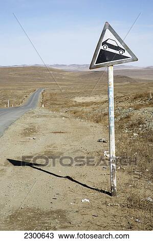 Stock Image - Road Sign On Road Between Ulaanbaatar And Karkhorin; Mongolia. Fotosearch