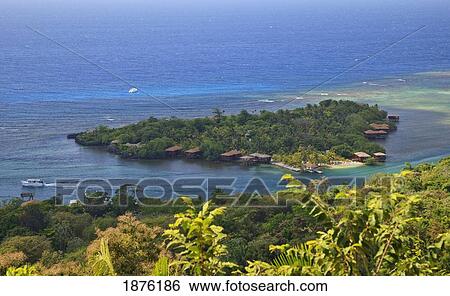 Stock Photograph - Roatan, Bay Islands, Honduras; Aerial View Of Anthony's Key From Viewing Platform At Carumbola Gardens. Fotosearch