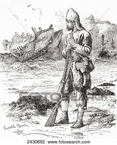 Stock Image - Robinson Crusoe on the desert island after being shipwrecked. From Adventures of Robinson Crusoe, published 1908.. Fotosearch