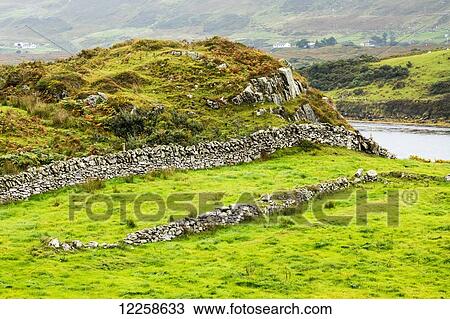 Stock Image - Rock fence in grassy hillside field; Clifden, County Galway, Ireland. Fotosearch