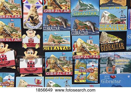 Stock Photo - Rock Of Gibraltar Fridge Magnet Souvenirs, Gibraltar, United Kingdom. Fotosearch