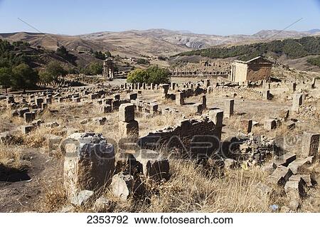 Stock Image - Roman ruins, view towards Severan Temple; Djemila, Algeria. Fotosearch