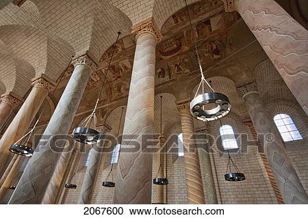Stock Image - Romanesque Murals On The Ceiling And Painted Columns In The Central Nave Of The Abbey Church Of Saint-Savin Sur Gartempe, Saint-Savin Sur Gartempe, Vienne, France. Fotosearch