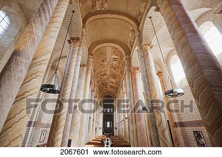 Stock Image - Romanesque Murals On The Ceiling And Painted Columns In The Central Nave Of The Abbey Church Of Saint-Savin Sur Gartempe, Saint-Savin Sur Gartempe, Vienne, France. Fotosearch