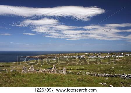 Stock Photo - Roofless stone building in the Bloody Foreland area of Donegal on the Wild Atlantic Way; County Donegal, Ireland. Fotosearch