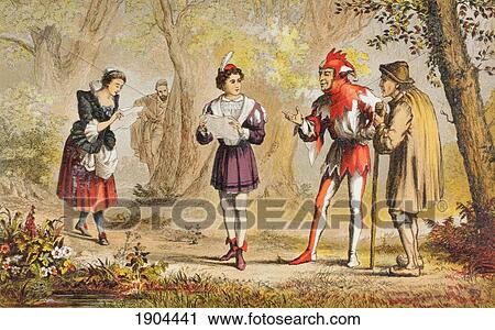 Stock Image - Rosalind Speaks In As You Like It, Act Iii, Scene Ii, By William Shakespeare. Peace! Here Comes My Sister. Drawn And Etched By Robert Dudley. From The Illustrated Library Shakspeare, Published London 1890.. Fotosearch