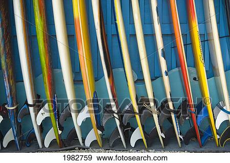 Stock Photo - Row Of Surfboards Lined Up Against A Wall.. Fotosearch
