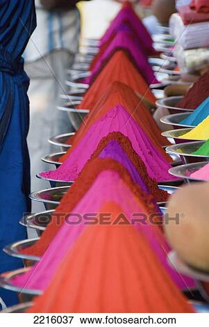 Stock Photo - Rows Of Colorful Cone-Shaped Puga Pigment At Devaraja Market In Mysore, Karnataka, India. Fotosearch