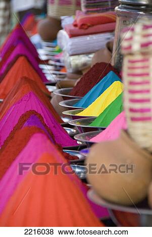Rows Of Colorful Cone-Shaped Puga Pigment At Devaraja Market In Mysore, Karnataka, India View Large Photo Image Stock Photo - Rows Of Colorful Cone-Shaped Puga Pigment At Devaraja Market In Mysore, Karnataka, India. Fotosearch