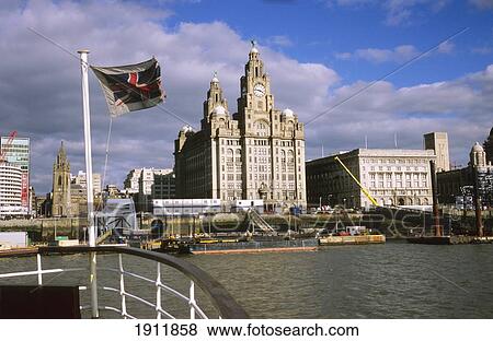 Stock Photo - Royal Liver Building, Viewed From Mersey Ferry, Liverpool, England, Uk. Fotosearch