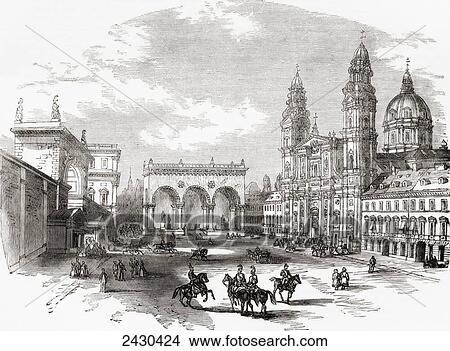 Picture - Royal Palace, Hall of Marshals and the Theatine Church of St. Cajetan, Munich, Germany in the 19th century. From The National Encyclopaedia, published c. 1890.. Fotosearch