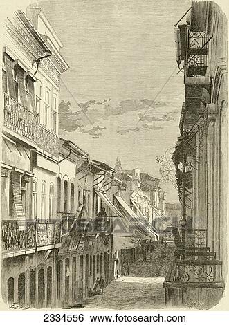 Stock Photograph - Rua Do Ouvidor, Rio De Janeiro, Brazil In The 19Th Century. From El Museo Popular Published Madrid, 1887. Fotosearch