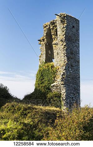 Picture - Ruined stone wall on hillside with foliage growing on wall and blue sky; Doobeg, County Clare, Ireland. Fotosearch
