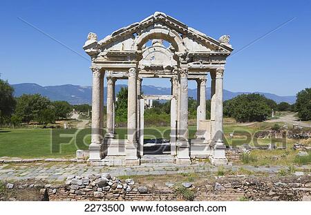 Stock Image - Ruins of aphrodisias 2nd century gateway known as the tetrapylon; aydin province turkey. Fotosearch