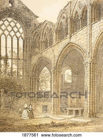 Stock Image - Ruins Of Holyrood Abbey, Edinburgh, Scotland From A 19Th Century Engraving. Entrance To The Royal Vault. From The Scots Worthies According To Howie's Second Edition, 1781. Published 1879.. Fotosearch