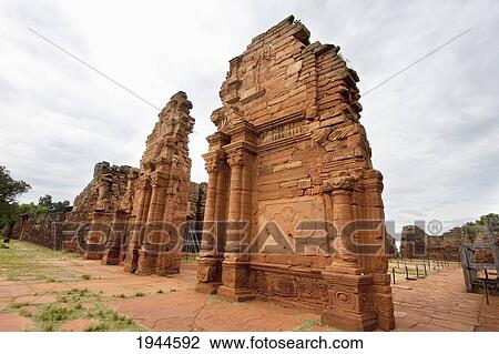 Stock Image - Ruins of the San Ignacio Mini Guarani Jesuit Mission that were cleared from the jungle, San Ignacio, Misiones, Argentina. Fotosearch