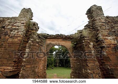 Stock Photo - Ruins of the San Ignacio Mini Guarani Jesuit Mission that were cleared from the jungle, San Ignacio, Misiones, Argentina. Fotosearch
