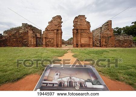 Stock Photo - Ruins of the San Ignacio Mini Guarani Jesuit Mission that were cleared from the jungle, San Ignacio, Misiones, Argentina. Fotosearch