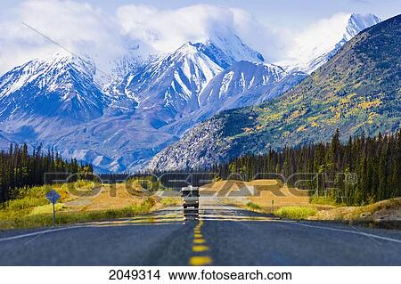 Rv On The Alaska Highway With Kluane Range In The Background, Yukon View Large Photo Image Picture - Rv On The Alaska Highway With Kluane Range In The Background, Yukon. Fotosearch