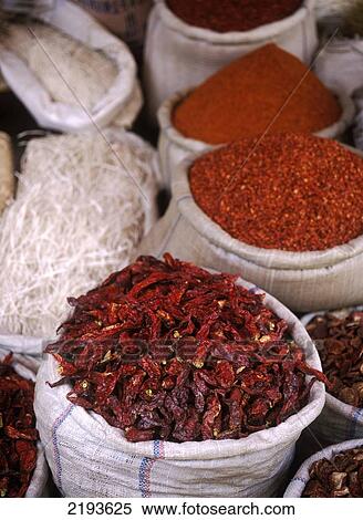 Sacks Of Dried Chillies And Noodles For Sale, Kashgar, Xinjiang, China. View Large Photo Image Stock Photography - Sacks Of Dried Chillies And Noodles For Sale, Kashgar, Xinjiang, China.. Fotosearch