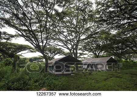 Stock Photo - Safari camp tents on the rim of Ngorongoro Crater; Tanzania. Fotosearch