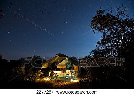 Stock Photo - Safari tent under a starry sky at night, Ol Pejeta Conservancy; Kenya. Fotosearch