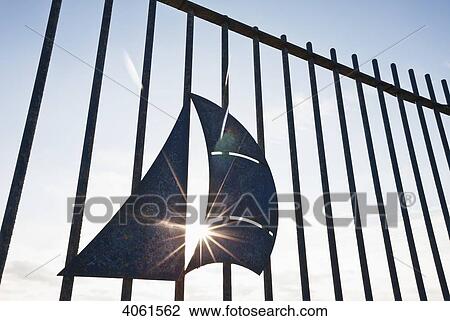 Stock Image - Sailing themed railings at Weymouth and Portland National Sailing Academy (WPNSA) on Isle of Portland on the Jurassic Coast; Dorset, England. Fotosearch