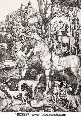 Stock Photo - Saint Hubert In Adoration Before A Cross Carried By A Stag. After An Engraving By Albert Durer. From Les Artes Au Moyen Age, Published Paris 1873.. Fotosearch