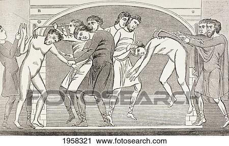 Stock Image - Saints Savin And Cyprian Having Their Flesh Torn From Their Bodies By Iron Hooks. After An 11Th Century Fresco In Church Of St Savin, Vienne, France. From Military And Religious Life In The Middle Ages By Paul Lacroix Published London Circa 1880.. Fotosearch
