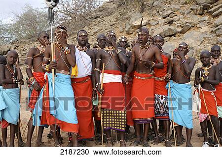 Stock Image - Samburu Dancers At A Courtship Ceremony&#Xa; Samburuland Kenya. Fotosearch