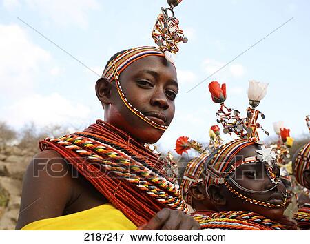 Stock Photo - Samburu dancers at a courtship ceremony; Samburu, Kenya. Fotosearch