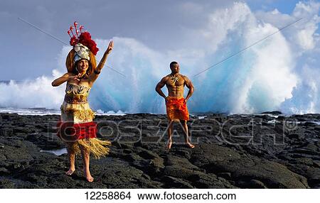 Picture - Samoans in traditional costume at the blowholes; Savaii Island, Samoa. Fotosearch