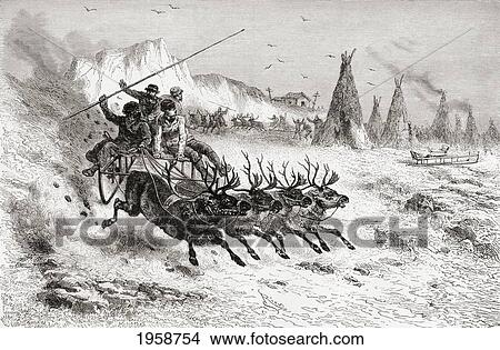 Picture - Samoyeds From Caborova, Russia On A Sleigh Pulled By Reindeer, In The 19Th Century. From El Mundo En La Mano, Published 1878.. Fotosearch
